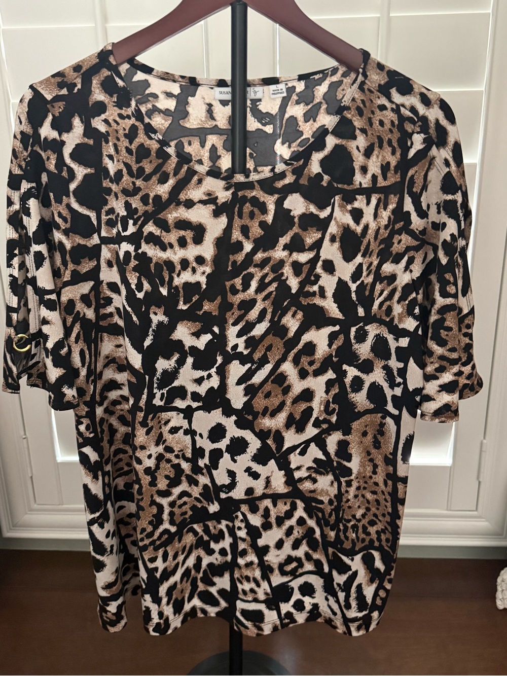 Susan Graver Black and Tan Animal-Print Short Open Sleeve Top